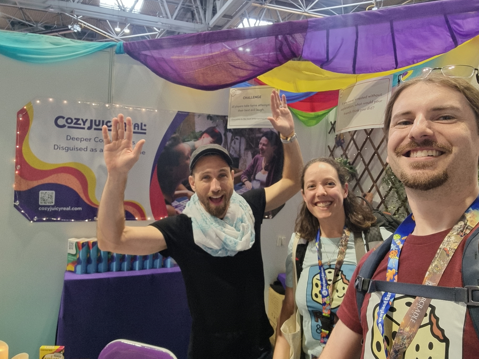 Jed of "Cozy Juicy Real" games with Helen and Simon Moore from Roll and Bite